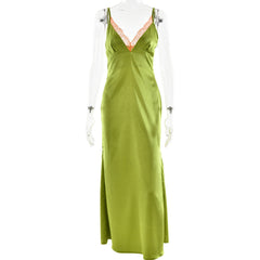 Satin lace hem v neck zip-up cami maxi dress