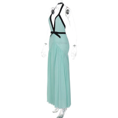 Halter ruched mesh deep V neck maxi dress