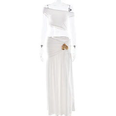 Ruched high slit irregular solid maxi skirt set