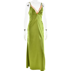 Satin lace hem v neck zip-up cami maxi dress