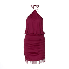 Self tie halter ruched tassels mini dress