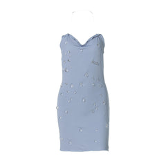 Cowl neck halter water drop applique mini dress