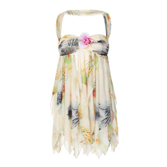 Ruched print flower applique mesh top