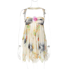 Ruched print flower applique mesh top