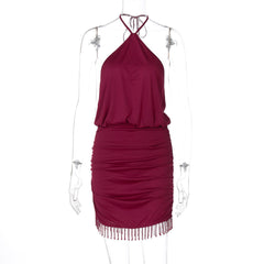 Self tie halter ruched tassels mini dress
