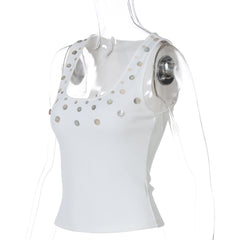 Ribbed button applique u neck tank top