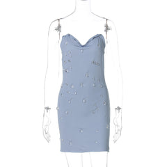 Cowl neck halter water drop applique mini dress
