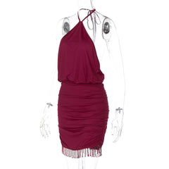 Self tie halter ruched tassels mini dress