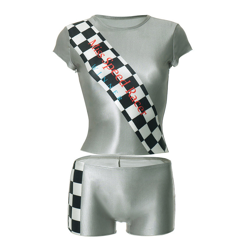 Crewneck short sleeve plaid print pant set