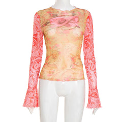 Long sleeve crewneck print beaded sheer mesh top