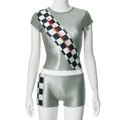 Crewneck short sleeve plaid print pant set