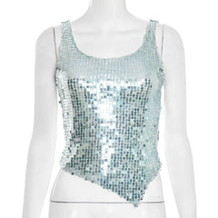 Glitter irregular u neck backless tank top
