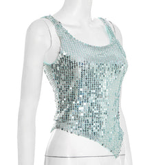 Glitter irregular u neck backless tank top