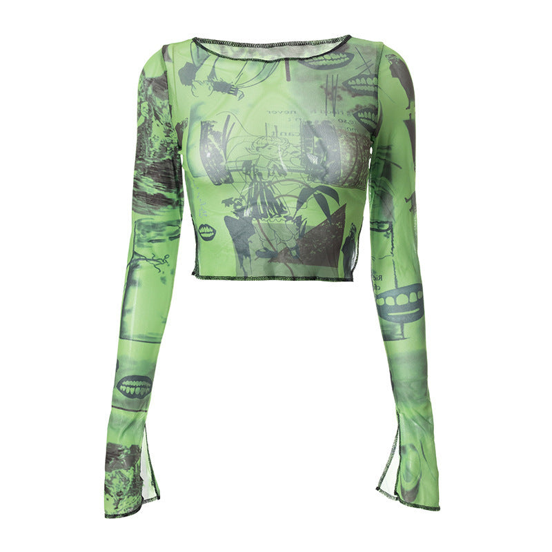 Long sleeve round neck stitch slit print crop top