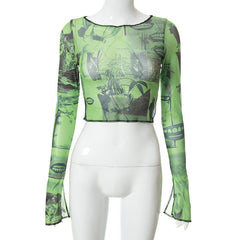 Long sleeve round neck stitch slit print crop top