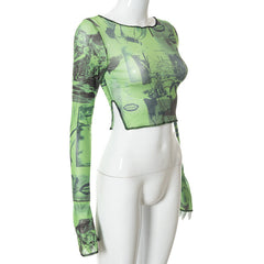 Long sleeve round neck stitch slit print crop top