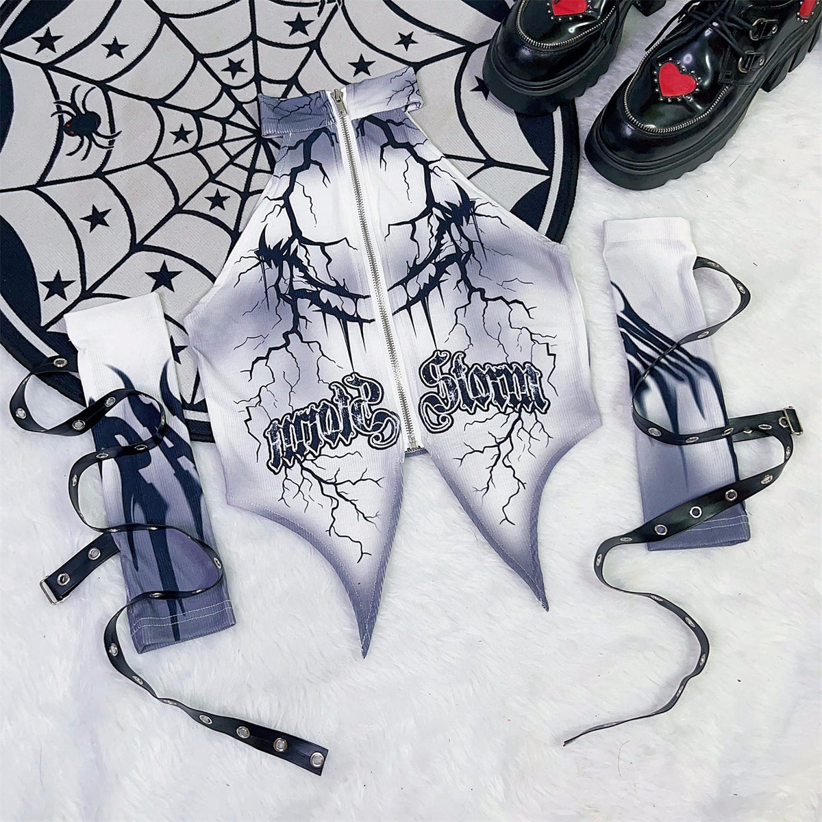 Zip-up gloves crewneck letter print top