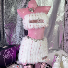 Fluffy rivet applique beaded o ring mini skirt set