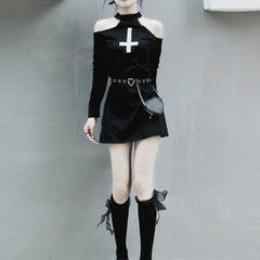 Long sleeve off shoulder cross pattern mini dress