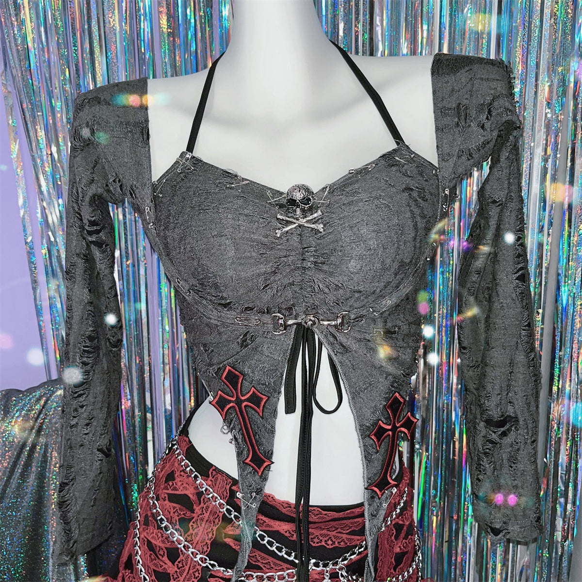 Long sleeve halter self tie skull applique 2 piece top