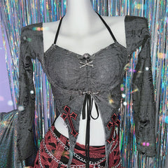 Long sleeve halter self tie skull applique 2 piece top