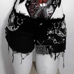 Hollow out v neck print metal chain cami bodysuit