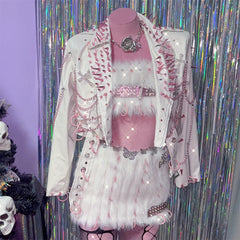 Fluffy rivet applique beaded o ring mini skirt set
