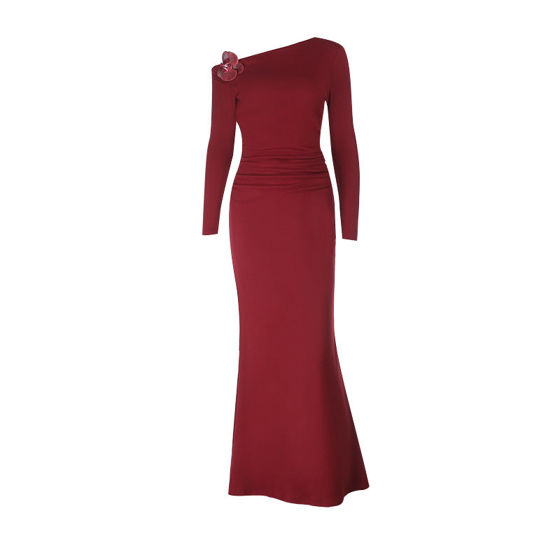 Long sleeve one shoulder flower applique maxi dress