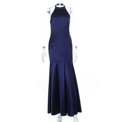 Halter satin backless zip-up maxi dress