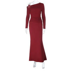Long sleeve one shoulder flower applique maxi dress