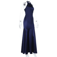 Halter satin backless zip-up maxi dress
