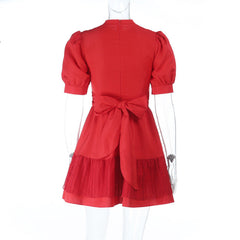 Puff sleeve bowknot zip-up mini dress