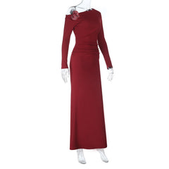 Long sleeve one shoulder flower applique maxi dress