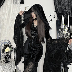 Hoodie long flared sleeve velvet maxi dress