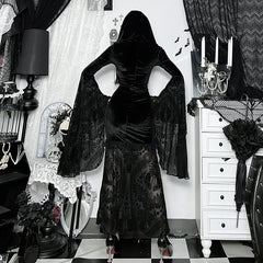 Hoodie long flared sleeve velvet maxi dress