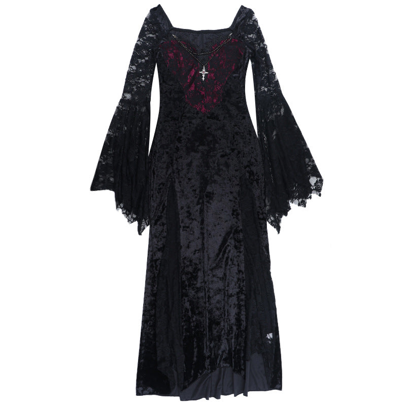 Long flared sleeve beaded velvet maxi dress