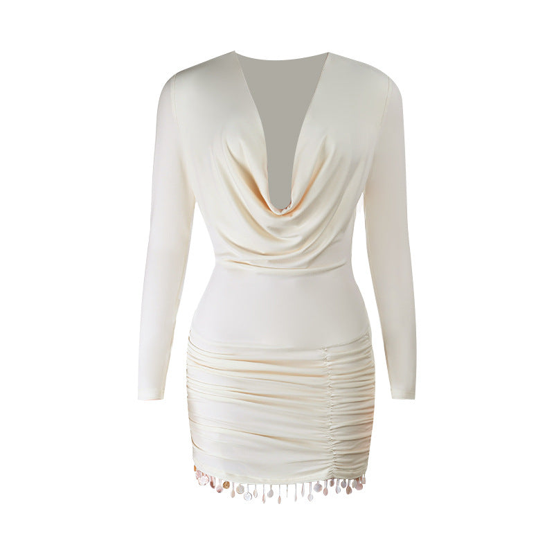 Cowl neck long sleeve ruched tassels mini dress