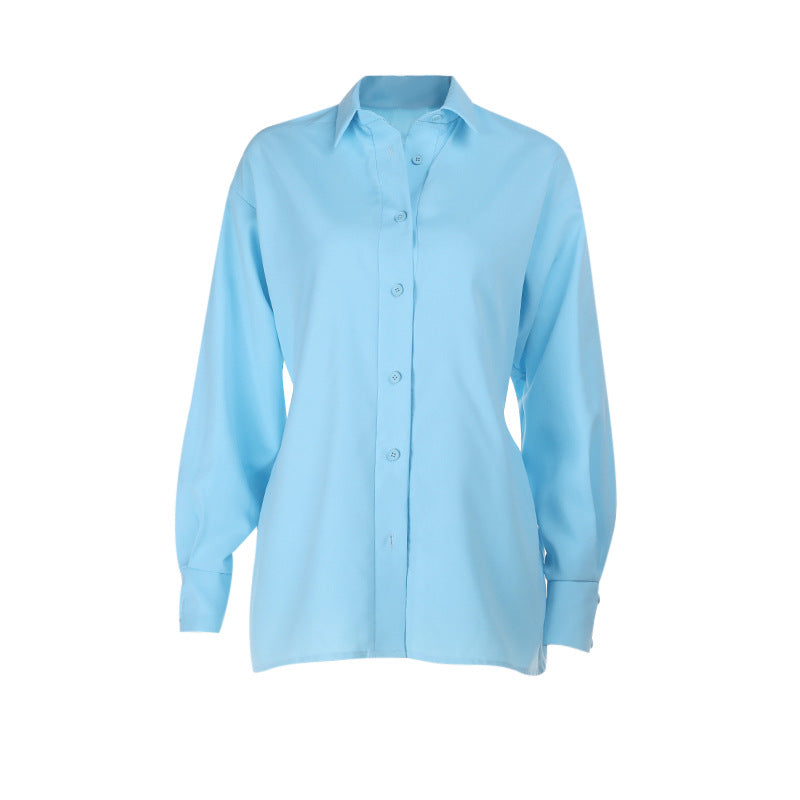 Turnover collar long sleeve button solid top