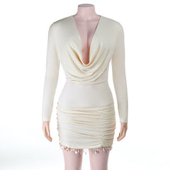 Cowl neck long sleeve ruched tassels mini dress