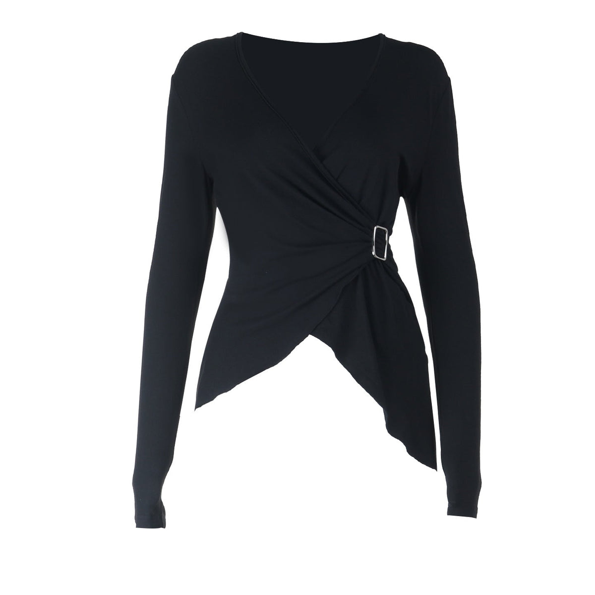 Long sleeve v neck buckle irregular solid top