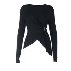 Long sleeve v neck buckle irregular solid top