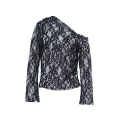 One shoulder long sleeve lace see through top