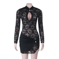 Long sleeve hollow out lace cut out mini dress