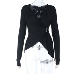 Long sleeve v neck buckle irregular solid top