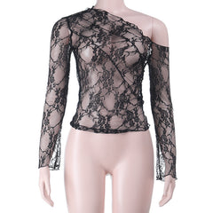 One shoulder long sleeve lace see through top