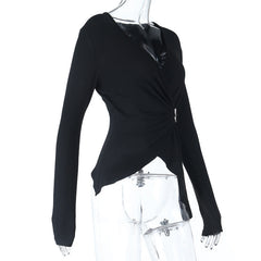 Long sleeve v neck buckle irregular solid top