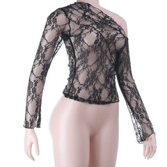One shoulder long sleeve lace see through top