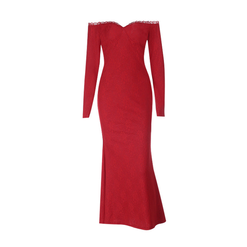 Off shoulder long sleeve lace zip-up maxi dress