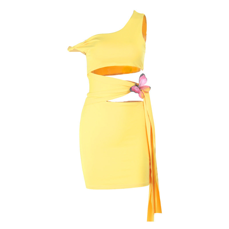 Irregular hollow out butterfly applique cut out mini dress