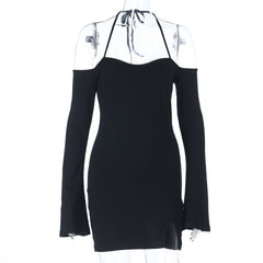 Halter self tie long sleeve off shoulder mini dress